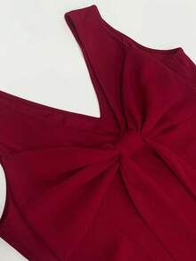 GlowEve CURVE Plus-Size Women Red Summer Elegant Satin Party V-Neck Backless Fitted Dress,Waist Bow Design,Wine Red,Luxurious European Style,Independence Day Wear - Red - View 4