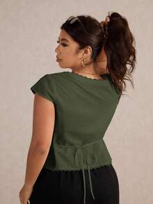 Elaquor Plus Size Solid V-Neck Cap Sleeve Lace Patchwork Casual Short Shirt For Summer - Army Green - View 3