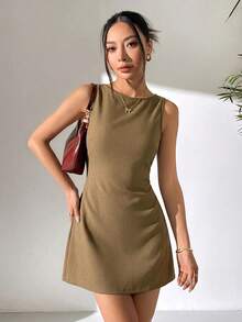 SHEIN EZwear 驼色无袖露背编织连衣裙（女款） - 駝色 - 查看 6