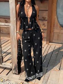 SHEIN EZwear 黑色碎花编织女士浪漫套装 - 黑色 - 查看 4