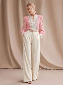 Anewsta Women's Spring Top, Work , Vintage Stand Collar Heavy Water-Soluble Lace Patchwork Pearl Button Blouse, Suitable For Dating, Dinner, Party Top - Pink - View 6