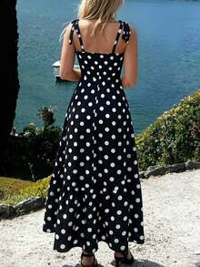 DrmWander Women's Sweetheart Collar Sleeveless Black And White Polka Dot Summer Ruffle Hem Mid-Length Dress Vacation Party Romantic 1940s Vintage - Multicolor - View 2