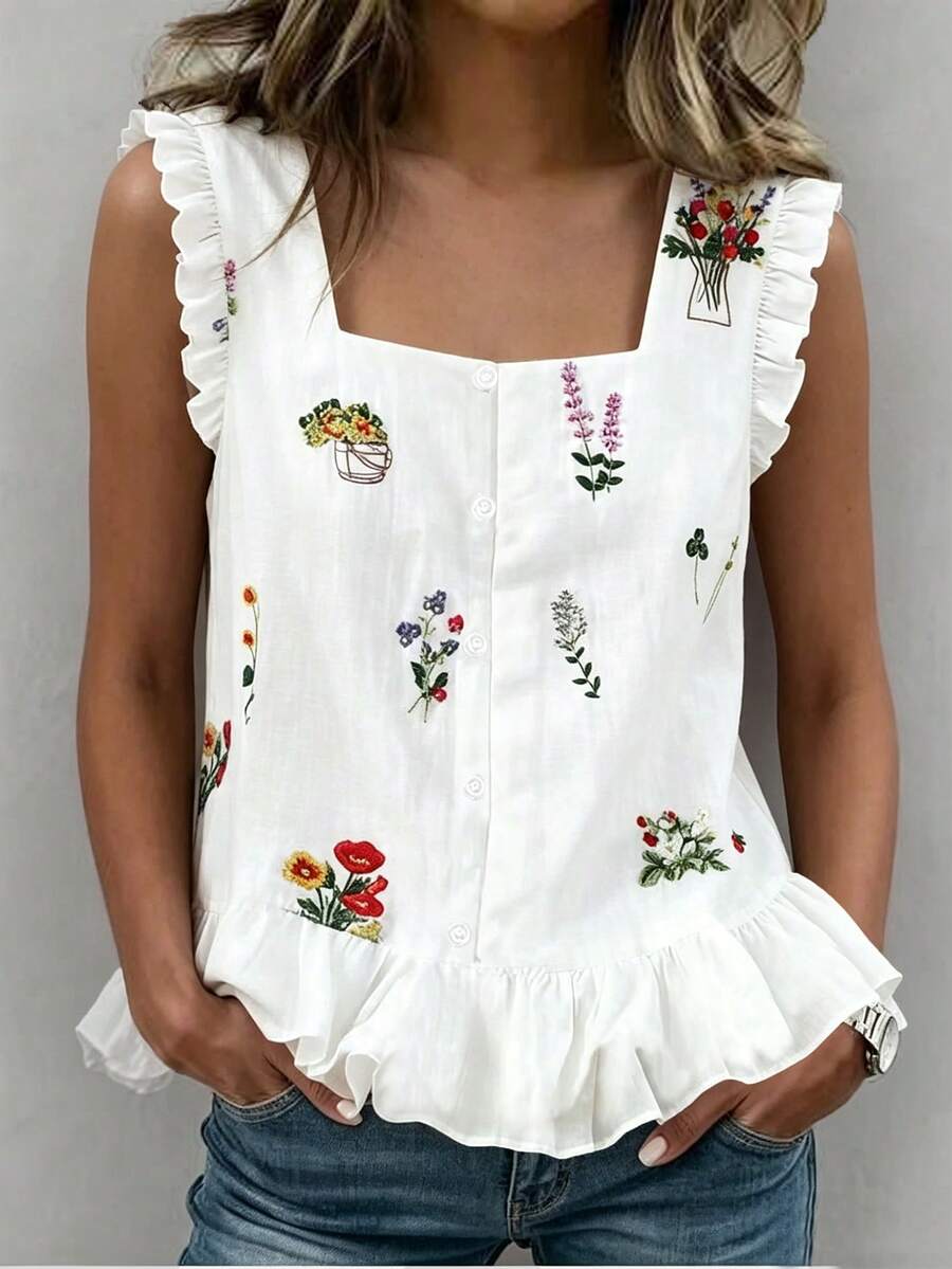 SHEIN Holidaya Áo kiểu nữ không tay dáng chữ A thêu hoa, màu trắng, thích hợp mặc đi biển, mặc thường ngày, đi nghỉ mát, đi làm, mặc mùa hè, mặc mùa hè, mặc mùa xuân, mặc nhiều lớp, áo kiểu thanh lịch, mặc công sở, trang phục văn phòng, thích hợp cho mùa xuân/hè.
