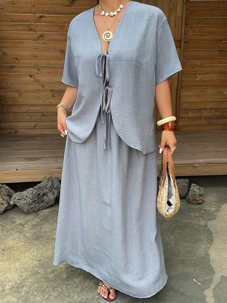Dazy Plus 2pcs/Set Solid Color Casual Loose Short Sleeve Tie Front Top + Long A-Line Skirt, Vacation Leisure Wear, Plus Size, Blue, Spring/Summer