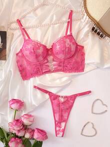 Myrelith 2pcs Set: Mesh Inlay Fuchsia 3D Floral Embroidery Design + Sweet & Cool Interwoven Triangle Panties, Fashionable Lingerie Set - Hot Pink - View 6