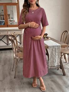 SHEIN Maternity & Nursing Striped Round Neck Short Sleeve Casual Dress - Burgundy - View 4