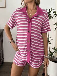 SHEIN 2 piezas Conjunto de maternidad - Camisa a rayas degradadas con pantalones cortos con cordón elástico en la cintura - Rosa Fucsia - Ver 5