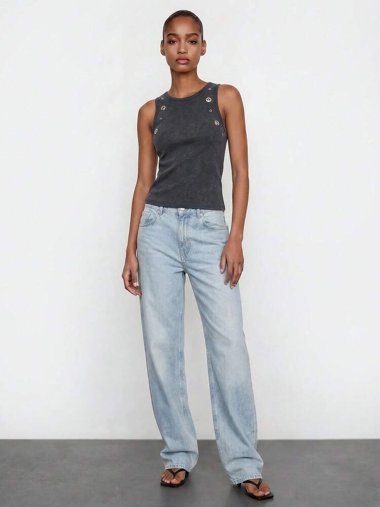SHEIN Maija Women's Charcoal Gray Summer Eyelet Round Neck Tank Top,Streetwear City Break Vacation Outfit,Casual Elegant Sleeveless Blouse,Festival Party Top