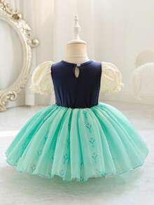 SHEIN Glamorique Kids Christmas Baby Girl Party Dress, Santa Dress, New Year Dress, Girls Princess Satin Pearl White Tulle Puff Dress With Big Bow Back, Suitable For Stage, Piano Performance, Middle East, Occasion - Royal Blue - View 1