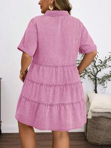 EMERY ROSE Plus Size Women's Vintage Washed Denim Snowflake Print Dress, Spring/Summer - Baby Pink - View 2