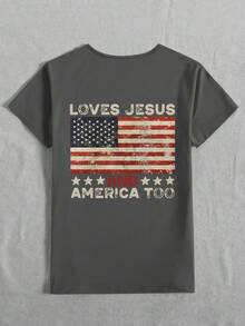 EMERY ROSE Women's V-Neck Flag English Text Graphic T-Shirt, Casual Everyday Wear Going Out Dark Grey Summer - Grey - View 2