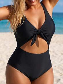 Swim Lushoire Plus Size Women One-Piece Solid Color Twist Front Hollow Out Slimming Tummy Control Swimsuit, Suitable For Vacation & Party - Black - View 3