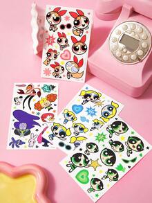 THE POWERPUFF GIRLS X SHEIN 卡通超级英雄女孩临时纹身贴纸套装，4张可爱角色假纹身贴纸，防水可移除纹身贴纸包，适合派对礼品 - 彩色 - 查看 4