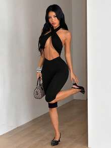 SHEIN ICON 女士纯色吊带系带性感休闲连体衣 - 黑色 - 查看 4