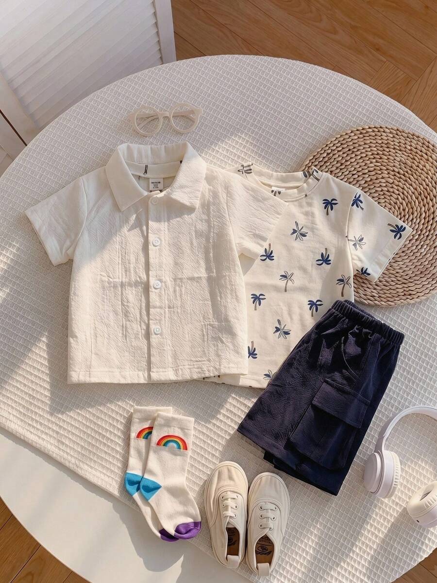 SHEIN Bộ 3 món/set áo sơ mi kẻ sọc vàng, áo thun trắng in hình, quần short xanh, trang phục đi chơi mùa hè dễ thương cho bé trai, set áo thun vui nhộn cho trẻ em - Nhiều màu - Xem 1