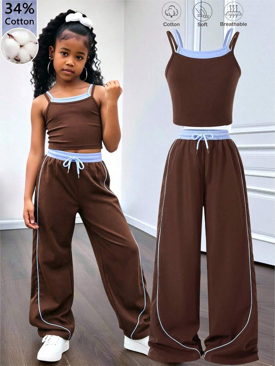 Bộ đồ thể thao thường ngày đa năng cho bé gái tuổi teen: áo hai dây và quần ống rộng phối màu tương phản.