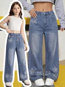 SHEIN 2026新款女童休闲牛仔裤，中蓝色牛仔布，松紧腰带饰有星星水钻，直筒宽松版型，柔软棉质面料，时尚百搭，适合日常穿着，青少年适用。 - 中等水洗藍 - 查看 5