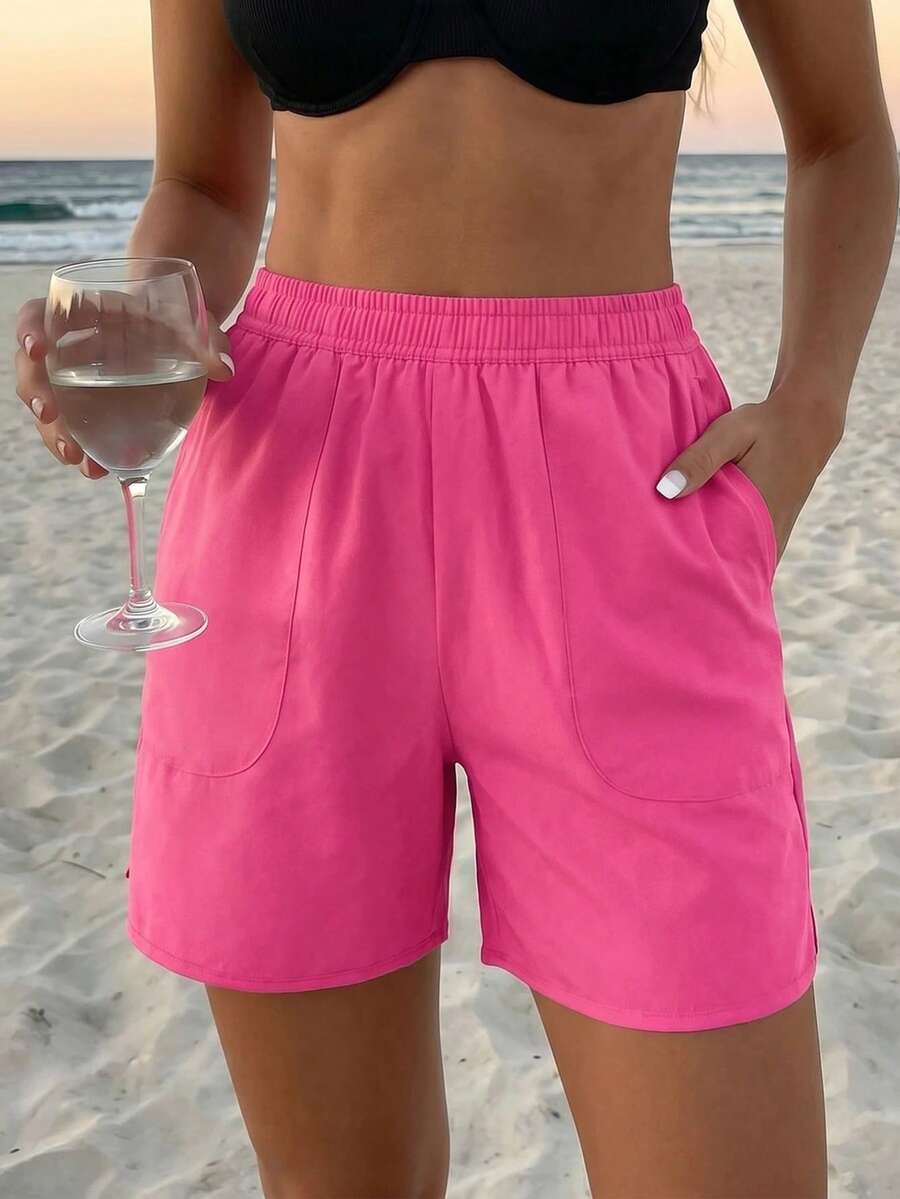 Vaclyn Women Elastic Waist Solid Color Beach Pants, Casual Resort Style For Summer Beach Vacation Pink, Wide Leg