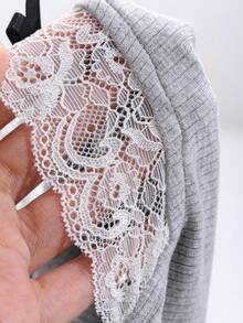 DAZY Women's Bow Decor Contrast Lace Basic Tee, Spring & Summer,Fall Clothes Long Sleeve Women Tops - Grey - View 10