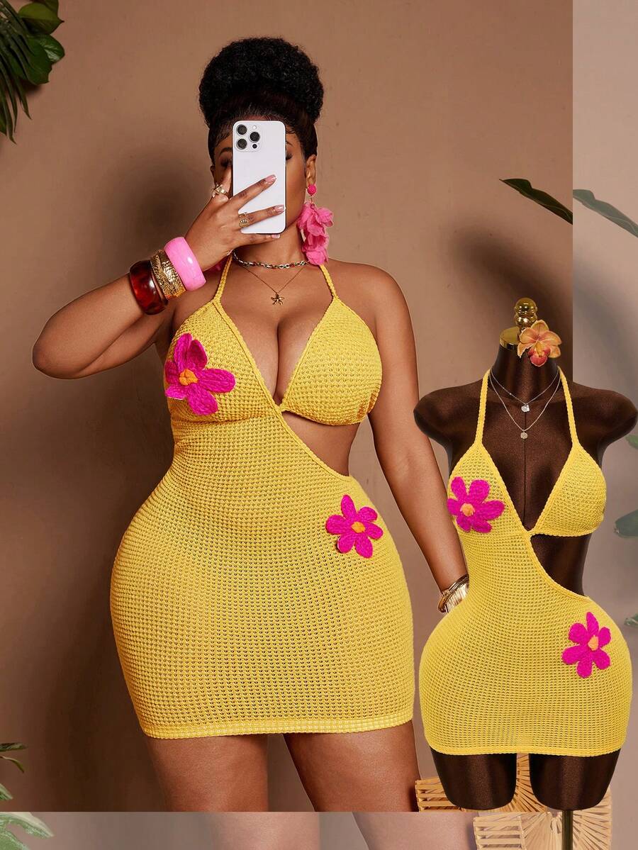 Maweii Women Yellow Summer Beach Vacation Holiday Halter Neck Knitted Dress, Y2K Open-Back Bodycon Mini Dress With 3D Pink Floral Embellishments - Yellow - View 1