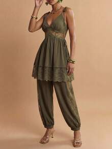 Zivah 2026 Elegant Bohemian Style Beach Vacation Vacation Sheer Chiffon Contrast Lace Set, Camisole Top+Lantern Pants, Lantern Olive Green Summer - Army Green - View 5