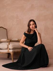 Enchnt Damen Einfarbiges Asymmetrisches Schulter Plissee Saum Elegantes Kleid - Schwarz - Übersicht 7