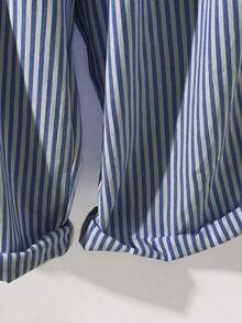 EMERY ROSE Plus Size Loose Minimalist Vertical Striped Bib Pants - Navy Blue - View 3