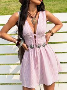 SHEIN EZwear Woven Sleeveless White And Pink Mini Dress For Women Vacation Summer Bohemian Boho Festive Romantic - Pink - View 5