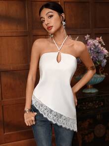 SHEIN BASICS Áo kiểu nữ cổ yếm phối ren tương phản - trắng - Xem 4