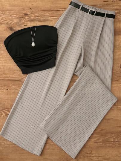 Franclia Nuevo conjunto de dos piezas casual y elegante con camiseta de tirantes plisada de unicolor y pantalones de pierna ancha a rayas, traje de pantalones para mujer de primavera/verano, conjunto de ropa de contraste de color, adecuado para ir al trabajo, vacaciones