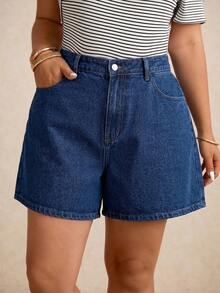 Elaquor Plus Size Summer Casual Slant Pocket Denim Shorts Set Beach Formal Sky Blue Navy Blue - Blue - View 8