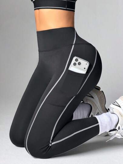 SHEIN Dewbera Women's Contrast Stitching Elastic High Waist Sports Leggings With Phone Pocket