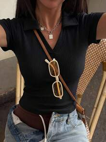 DAZY Women's Solid Color Slim Fit Polo Collar Short Sleeve T-Shirt Summer - Black - View 7