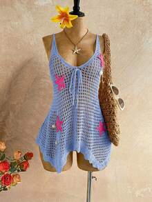 Soleia Women's Vacation Crochet Starfish Front Tie Hollow Out Slip Dress - Sky Blue - View 4
