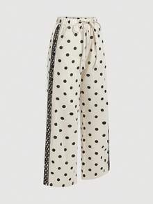 SHEIN LUNE Women's Black White Polka Dot Denim Pants With Side Ruffle Vacation Summer Boho,Suitable For Various Occasions, Graduation Season, All Seasons - Apricot - View 3