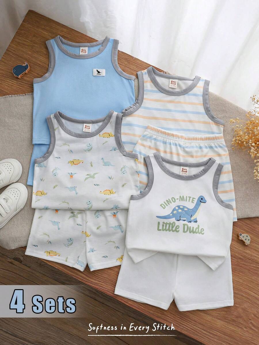 Cozy Pixies Bộ 8 món cho bé trai, họa tiết khủng long hoạt hình, chất liệu mềm mại, cổ tròn, không tay và quần short cạp chun. - Nhiều màu - Xem 1