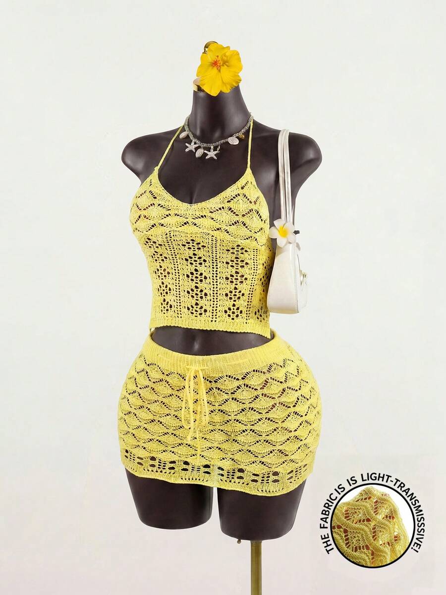 SaltGleam SaltGleam Setelan 2 Potong Atasan Tank Top Rajut Halter Transparan dan Rok Rajut dengan Tali Pinggang untuk Wanita - Kuning muda - View 1