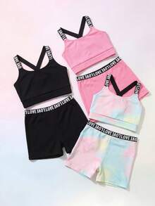 SHEIN 3件組青少年女孩運動套裝，包含背心與短褲，舒適彈性，適合日常健身運動 - 彩色 - 查看 4
