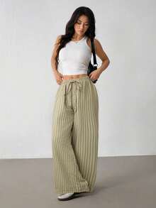 SHEIN PETITE Pantalones sueltos de cintura elástica a rayas casuales para mujeres, mujeres de talla pequeña - verde menta - Ver 4