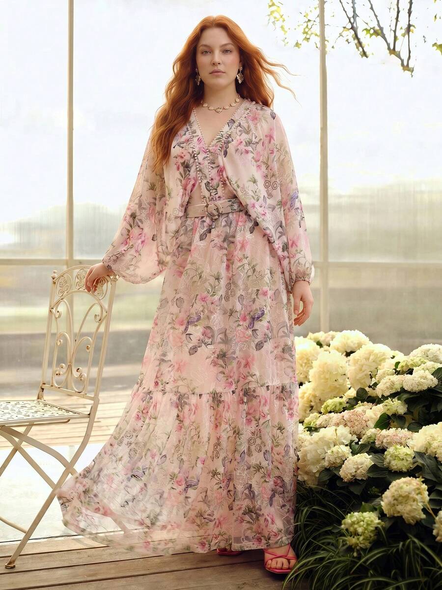 MOTF PREMIUM BLUSA CON ESTAMPADO FLORAL ROMÁNTICO PARA MUJER TALLA GRANDE, PRIMAVERA/VERANO - Rosa - Ver 1