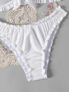 Swim Basics Women's Summer Vacation Beach Solid Color Textured Knotted Front Bandeau Bikini Set - White - View 4