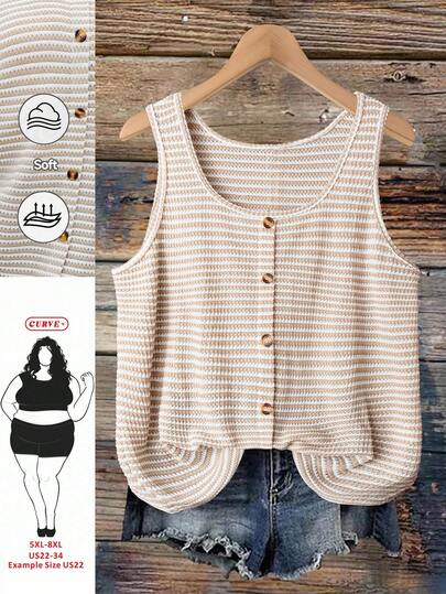 SHEIN CURVE+ Blusa sin mangas con botones y rayas en color albaricoque para mujer de talla grande, adecuada para vacaciones en la playa, casual en el aeropuerto, estilo boho de verano, brunch, vacaciones en la playa, viajes cortos por la ciudad, estilo vaquero occidental, vacaciones de verano europeas en una isla, luna de miel, estilo de dinero antiguo, Tulum, South Beach, Santorini, Grecia, Amalfitana, Ibiza