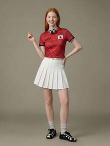 Elnivra 女款字母與國旗印花圓領短袖T恤 - 紅色 - 查看 8