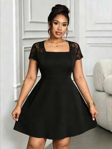 Villa Velisse Plus Size Women's Elegant Curve Commuter Dress With Square Neck And Waist Splice Cocktail Formal Black Summer - Black - View 5