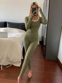 DAZY 2pcs Floral Lace Trim Fitted Women Pajama Set - Green - View 5