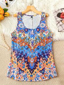 Linhara Plus Size Sleeveless Round Neck Printed Tank Top For Summer Casual Outings Graphic Tees Women Tops - Multicolor - View 1