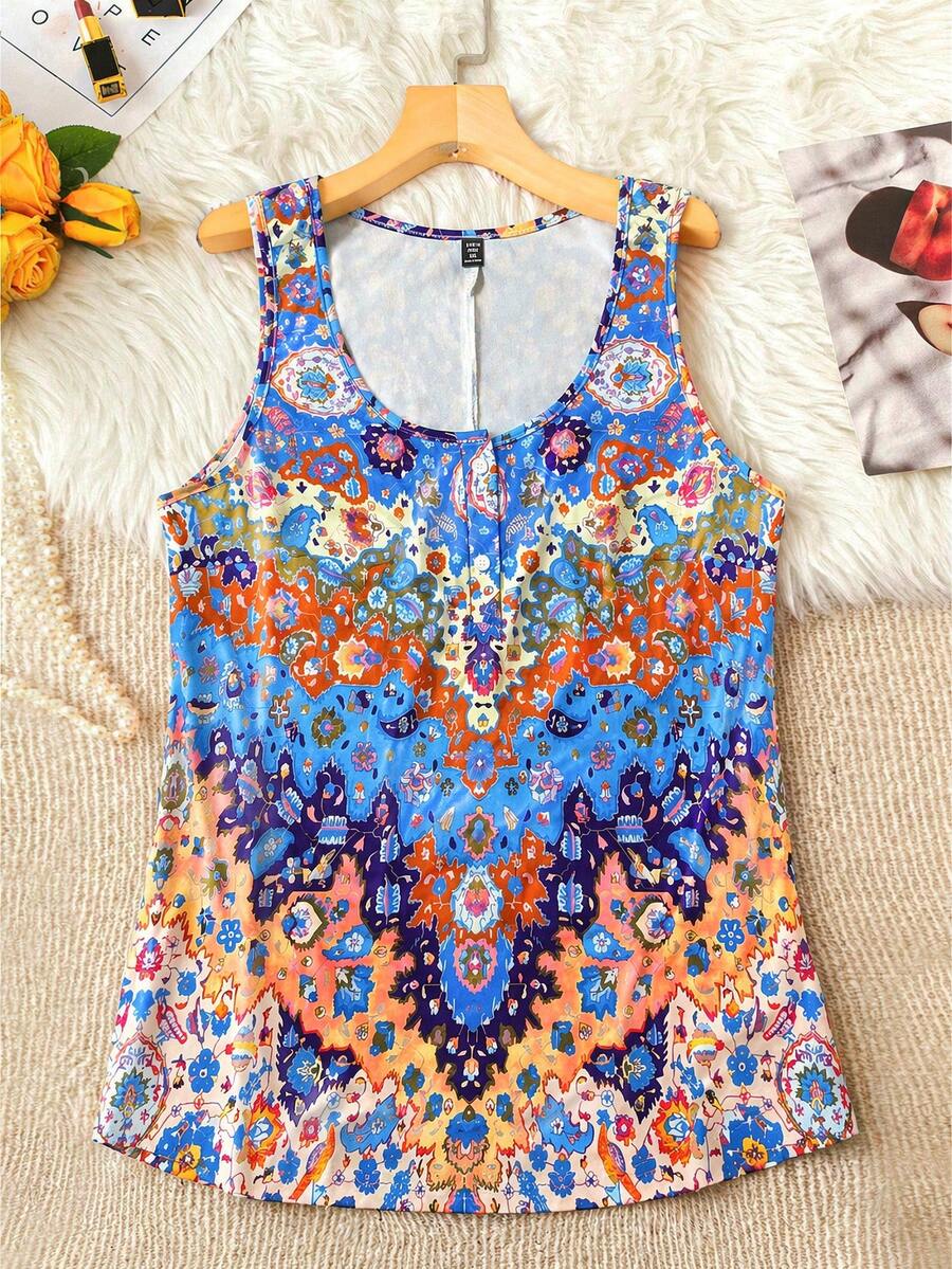 Linhara Plus Size Sleeveless Round Neck Printed Tank Top For Summer Casual Outings Graphic Tees Women Tops - Multicolor - View 1