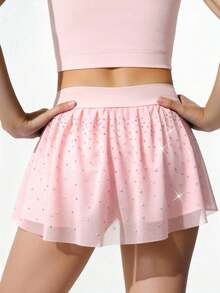 Young Girls' Pink Sparkly Athletic Skirt With Colorful Rhinestones & Mesh Layer, For Casual Wear And Outdoor Sports - Pink - View 2