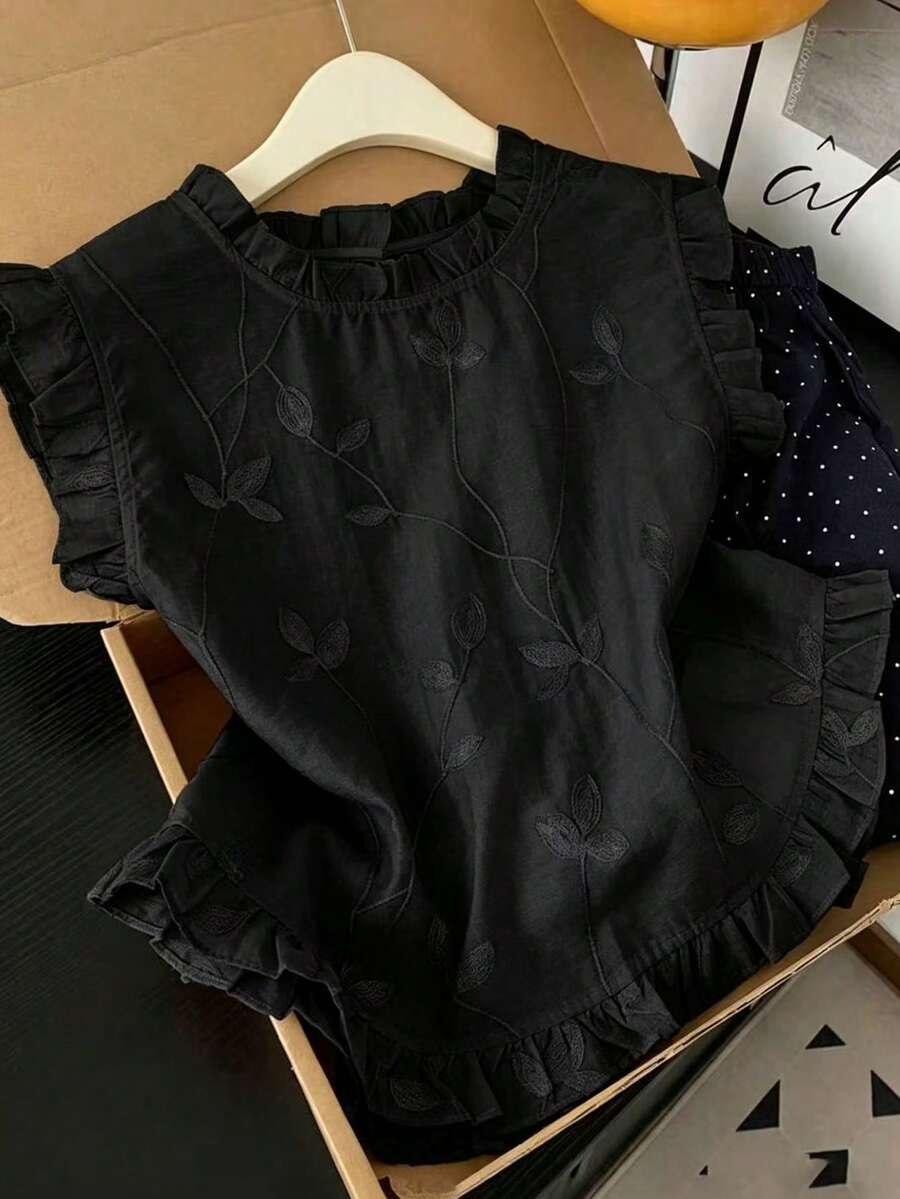 GlowEve 女款無袖刺繡荷葉邊飾襯衫 - 黑色 - 查看 1