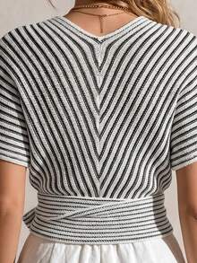 Balvessa Striped V-Neck Criss-Cross Wrap Tie Bow Knit Cropped Cardigan - Multicolor - View 4